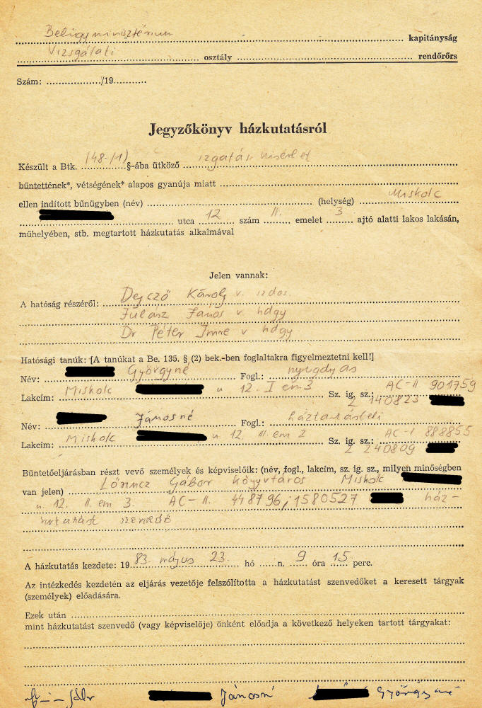 A házkutatási jegyzőkönyv első oldala