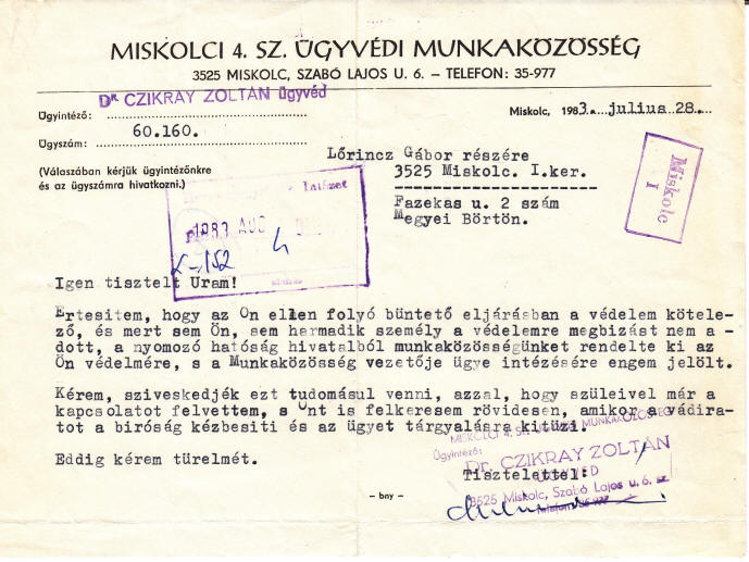 Kirendelt védőm, dr. Czikray Zoltán, első levele